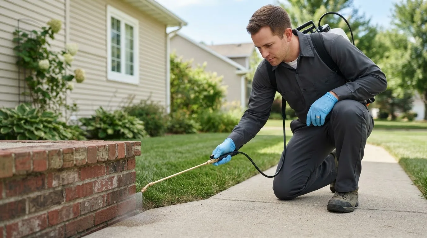 Pest control technician treating a home near Satin, TX